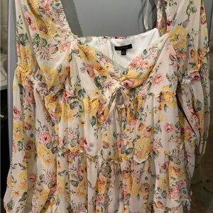 City Studio Cream Floral Tiered Peasant Tunic with Yellow & Pink Blooms